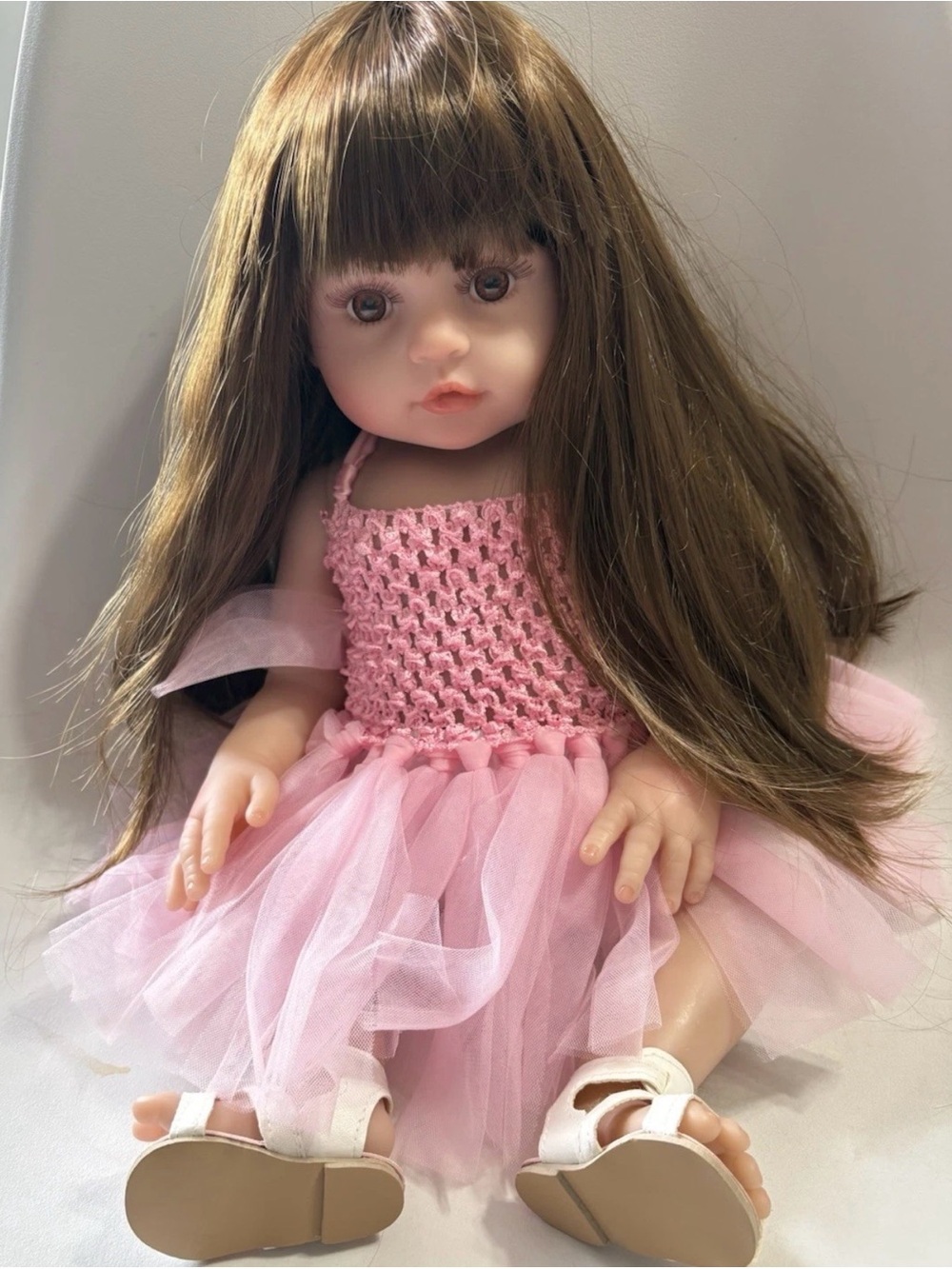 Reborn Pink Tulle Dress Doll with Brown Hair